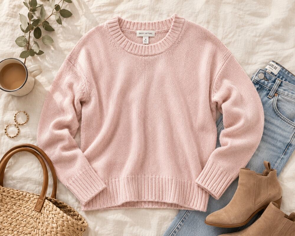 Daily Ritual Blush Pink Knit Sweater M Crewneck Ribbed Hem Soft Cozy Minimalist